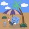 Funny cartoon ice cube on a vacation in the desert sits on a couch and offers the creature, languishing from the heat, to drink a