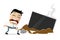 Funny cartoon illustration of an asian man burying his broken tv