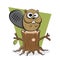 Funny cartoon illustration of a beaver sitting on a tree stump