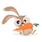 Funny cartoon illustration of a crazy rabbit eating a big carrot