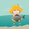 Funny cartoon illustration of a fisherman standing at the beach and holding a big fish