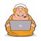 Funny cartoon illustration of a happy buddha working with a laptop computer