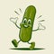 Funny cartoon illustration of a happy cucumber in retro style