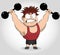 Funny Cartoon illustration of a muscular guy holding a dumbbells. Fit muscular man exercising with dumbbells.