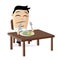 Funny cartoon illustration of a rich asian businessman who has to eat his money