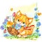 Funny cartoon kitten and flowers. watercolor illustration