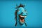 funny cartoon laughing horse on blue background