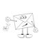 A funny cartoon letter with eyes, arms, legs and mouth holding a small mouse by the tail that bites the cheese. Black and white