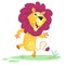 Funny cartoon lion dancing. Vector image isolated on simple Savannah background..