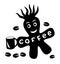 Funny cartoon little blot with red fiery and cup crown and coffee grains.
