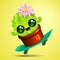 Funny cartoon little cactus with pink flower on skateboard