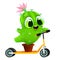 Funny cartoon little cactus in pot is riding an electric scooter