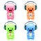 Funny cartoon little colored men with headphones and paper