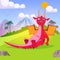 Funny cartoon little red sitting dragon on nature background.