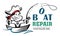 Funny cartoon logo of pirate holding wrench and fishing rod. Boat repair funny concept. Repairing Fishing Boats mascot