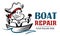Funny cartoon logo of pirate holding wrench and hammer. Boat repair funny concept. Repairing Fishing Boats mascot