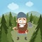 Funny cartoon lumberjack in forest