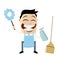 Funny cartoon man with cleaning equipment