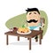Funny cartoon man eating delicious spaghetti