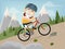 Funny cartoon man is riding a mountain bike with landscape background