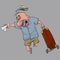 Funny cartoon man runs with tickets in hand and a heavy suitcase