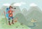 A funny cartoon man traveler stands on a mountain pick and observes the landscape through a spyglass