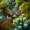 Funny cartoon monkey in the cactus garden. 3D illustration.