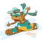 Funny cartoon monkey snowboarder. Symbol of the New Year 2016.