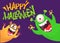 Funny cartoon monster characters set card for Halloween party. Illustration of happy alien creatures. Package or invitation design