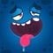 Funny cartoon monster face with big eyes showing tongue. Vector Halloween blue monster