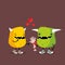 Funny cartoon monsters in love holding human arm as a gift