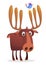 Funny cartoon moose character with a bird sitting on horn. Vector moose illustration