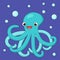 Funny cartoon octopus under the sea with bubbles. Cute illustration in flat style. Marine and ocean animal. Blue smiling