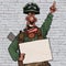 Funny cartoon orator man in uniform of a military man with a blank poster in his hand