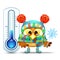 Funny cartoon owl with snowflake near the street thermometer