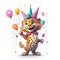 Funny cartoon party cheetah with air balloons isolated over white background. Colorful joyful greeting card for birthday or other