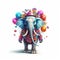 Funny cartoon party elephant with air balloons and confetti isolated over white background. Colorful joyful greeting card for