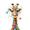 Funny cartoon party giraffe head with many air balloons isolated over white background. Colorful joyful greeting card for birthday