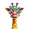 Funny cartoon party giraffe head with many air balloons isolated over white background. Colorful joyful greeting card for birthday