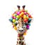 Funny cartoon party giraffe head with many air balloons isolated over white background. Colorful joyful greeting card for birthday