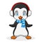 A funny cartoon penguin christmas wearing a scarf while listening to music using an ear phone.