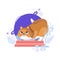 Funny cartoon persian red cat standing and playing on the red platform. Completed and isolated vector illustration