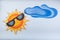 Funny cartoon picture drawn with gouache. Sun in glasses and cloud on white background