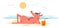 Funny cartoon pig lays on a beach of the sea in summer vacations and relaxing resting vector illustration, happy enjoying animal