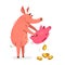 Funny cartoon pig with piggybank pulls out coins savings vector illustration, money finance theme humorous animal swine character