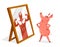 Funny cartoon pig stands in front of mirror confident seeing himself like strong muscular powerful man vector illustration,