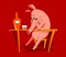 Funny cartoon pig upset and depressed sitting and drinking alcohol vector illustration.