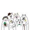 Funny cartoon portrait of a cat family. Happy mom, dad, daughter, son, grandma and grandpa