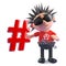 Funny cartoon punk character holding a hashtag symbol, 3d illustration