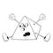 Funny cartoon pyramid with eyes, arms and legs in the shoes screaming and jumping stuck his tongue. Black and white coloring